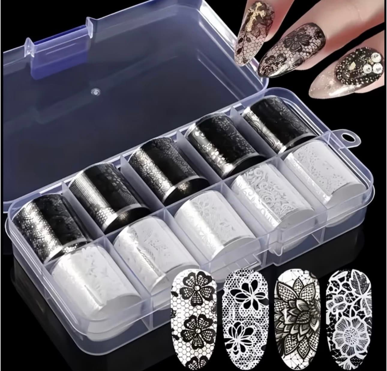 Boîte de Foils Nail Art – Motifs Dentelle Noir & Blanc (10 Rouleaux)
